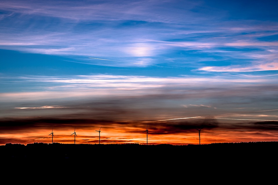 Sunset, Silhouettes, Dusk, Twilight, Sky, Wind Energy