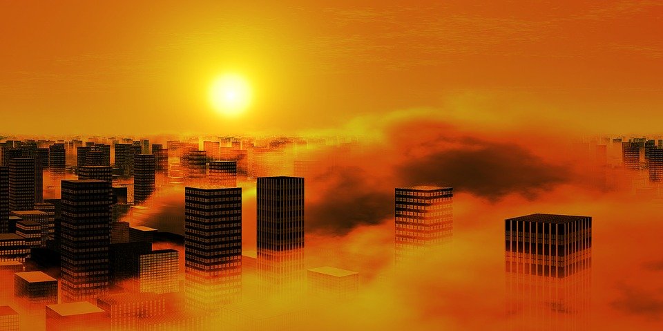 City, Sun, Clouds, Smog, Heaven, Yellow, Orange, Moloch