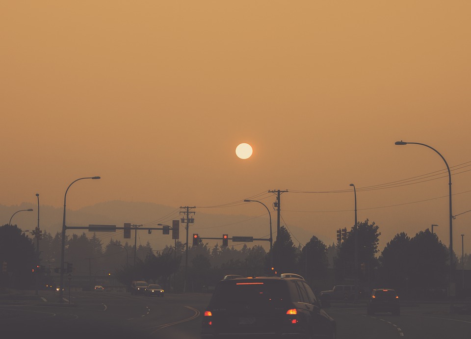 Sun, Sunset, Road, Smoke, Fire Season, Traffic